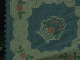 Baskets Of Roses Vintage Quilt hand stitched Cotton Fabric Cutter 83 