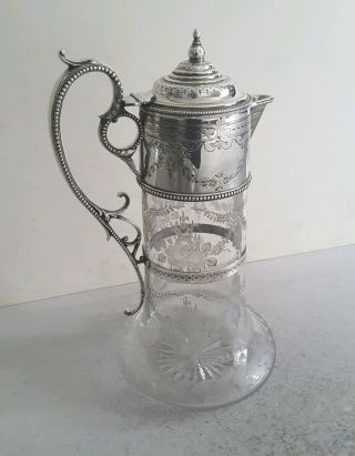 Victorian Ant.  Solid Silver / Etched Glass Claret Jug.  Ht.  26cms.  Lon.  1872.