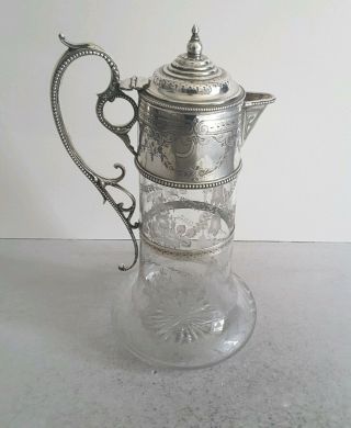 VICTORIAN ANT.  SOLID SILVER / ETCHED GLASS CLARET JUG.  HT.  26CMS.  LON.  1872. 3