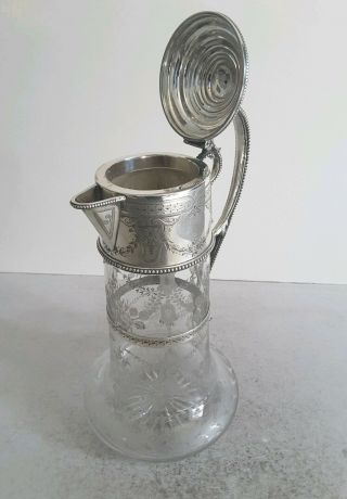 VICTORIAN ANT.  SOLID SILVER / ETCHED GLASS CLARET JUG.  HT.  26CMS.  LON.  1872. 4