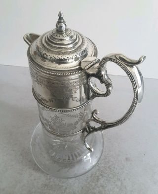 VICTORIAN ANT.  SOLID SILVER / ETCHED GLASS CLARET JUG.  HT.  26CMS.  LON.  1872. 6