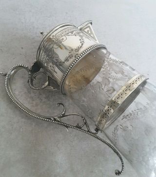 VICTORIAN ANT.  SOLID SILVER / ETCHED GLASS CLARET JUG.  HT.  26CMS.  LON.  1872. 8