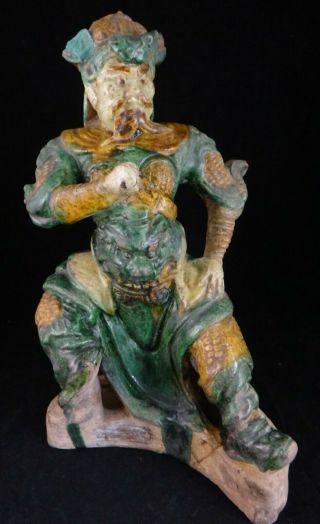 Antique Chinese Ming Dyn.  3 Color Glazed Pottery Of A Seated Warrior.  15th /16th C