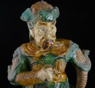 Antique Chinese Ming Dyn.  3 color glazed pottery of a seated Warrior.  15th /16th c 2