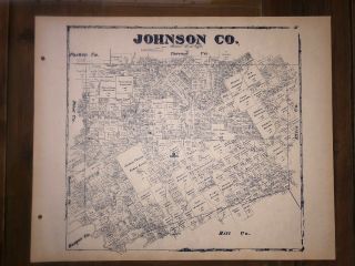 1887 Johnson County Texas Map Land Office Austin Blue Line Antique Vintage