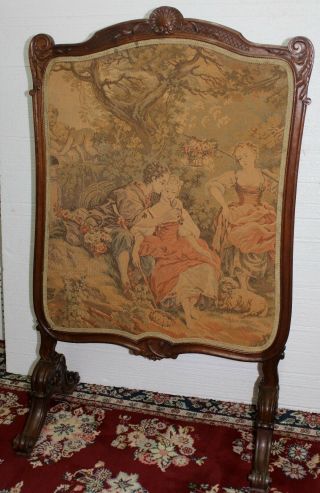 Antique French Tapestry Louis Xv Carved Walnut Fireplace Firescreen Circa 1870