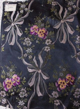 Antique C1840 - 1860 French Silk Jacquard Pansies,  Ribbon & Bows Home Dec Fabric