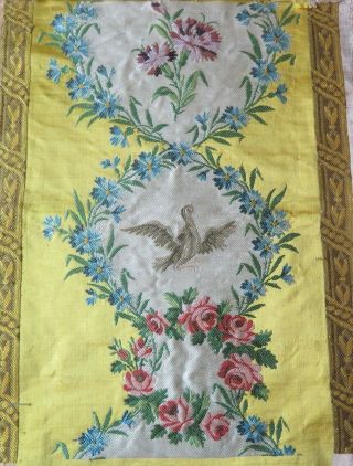 Antique French Silk Brocade Sample Fabric Bird & Florals 14 " L X 12 " W