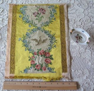 Antique French Silk Brocade Sample Fabric Bird & Florals 14 