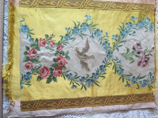 Antique French Silk Brocade Sample Fabric Bird & Florals 14 