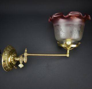 Brass Antique Hinged Wall Sconce W/ Cranberry Etched Glass Shade 3 3/4 " Fitter