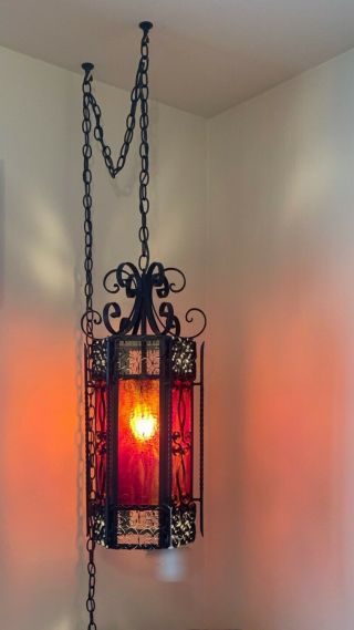 Spanish Revival Iron And Glass 6 Sided Hanging Light