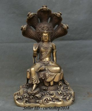 12.  4 " Old Tibet Buddhism Temple Copper 5 - Heads Snake Naga Kanya Buddha Statue