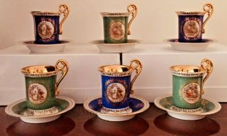 Vintage Germain Porcelain “madonna” Set 6 Cups - - Saucers Cobalt Blue Emrl.  Green