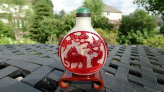 Chinese Glass Snuff Bottle Imperial Palace Workshops Red Overlay With Horse 18th