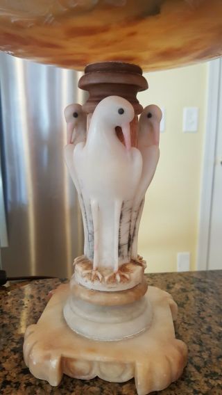 RARE ART DECO 3 PIECE ALABASTER LAMP SET CARVED BIRDS GLASS EYES 4