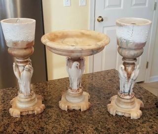 RARE ART DECO 3 PIECE ALABASTER LAMP SET CARVED BIRDS GLASS EYES 5