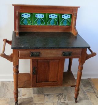 Art Nouveau Antique Wash Stand Wash Basin With Glazed Floral Tiles