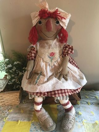 Primitive Raggedy Ann Doll Handpainted 30 Inches Folkart