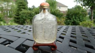 Chinese Crystal Snuff Bottle Of Carved Sage And Horse Coral Gilt Top Large 18th