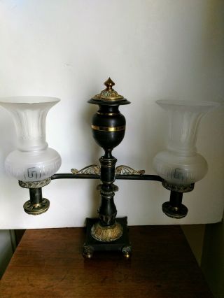 Antique C.  1830 Patinated Black And Gilt Double Arm Argand Lamp W Glass Shades