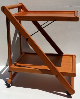 Authentic Valsecchi Mid Century Modern Teak Wood Bar Cart Folds Up Italy