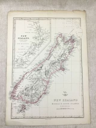 Antique Map Of Zealand South Island Middle Old Hand Coloured 19th Century