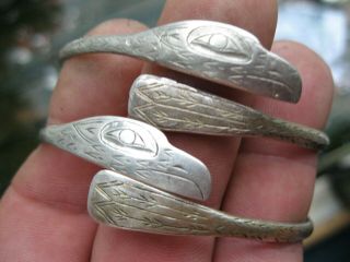 fine old Northwest Coast Indian pure Silver Bracelets bangles w/ Bird Motif 2