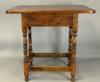 RARE 18TH C WILLIAM AND MARY STRETCHER BASE TAVERN TABLE IN OLD SURFACE 2