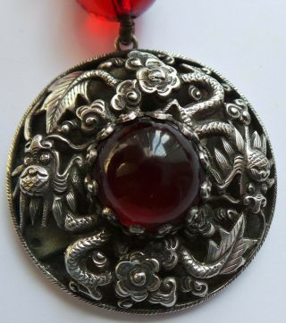 ANTIQUE CHINESE EXPORT SILVER - DRAGON PENDANT AND BEAD NECKLACE - EXPORT STAMP 2