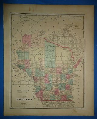 Antique 1856 Hand Colored Wisconsin Map Old Authentic Vintage Atlas Map