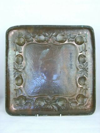 A Large Square Arts & Crafts Newlyn School Copper Tray - Cornish Medlar Decoration 8