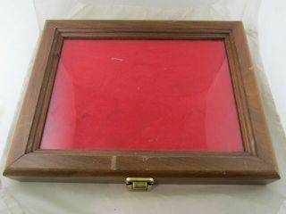 Vintage Walnut Red Velvet Lined Display Case W/ Glass Lid Brass Hinges & Latch,