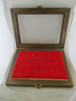 Vintage Walnut Red Velvet Lined Display Case w/ Glass Lid Brass Hinges & Latch, 2