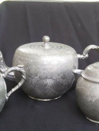 Antique Chinese Engraved Pewter Tea Set / Teapot Sugar & Creamer Huikee Swatow 10
