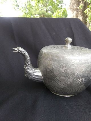 Antique Chinese Engraved Pewter Tea Set / Teapot Sugar & Creamer Huikee Swatow 11