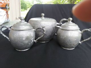 Antique Chinese Engraved Pewter Tea Set / Teapot Sugar & Creamer Huikee Swatow 12