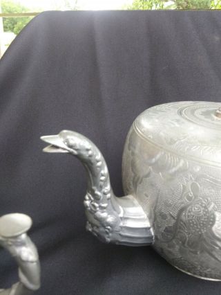 Antique Chinese Engraved Pewter Tea Set / Teapot Sugar & Creamer Huikee Swatow