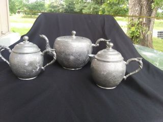 Antique Chinese Engraved Pewter Tea Set / Teapot Sugar & Creamer Huikee Swatow 2