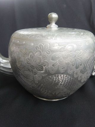 Antique Chinese Engraved Pewter Tea Set / Teapot Sugar & Creamer Huikee Swatow 3