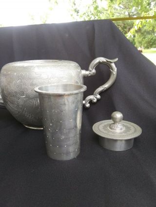 Antique Chinese Engraved Pewter Tea Set / Teapot Sugar & Creamer Huikee Swatow 4