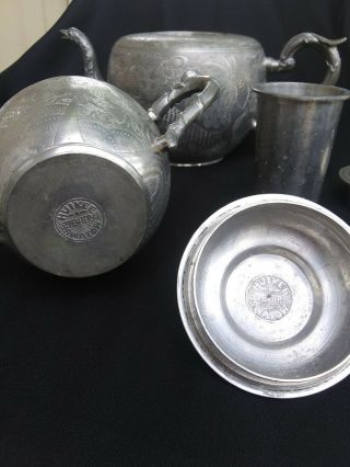 Antique Chinese Engraved Pewter Tea Set / Teapot Sugar & Creamer Huikee Swatow 5