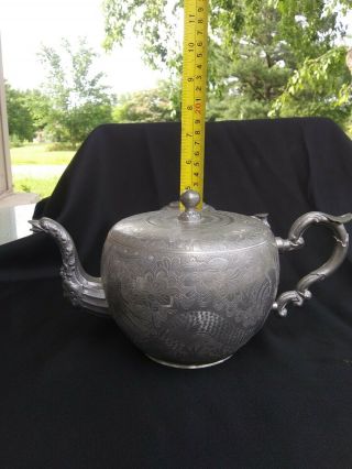 Antique Chinese Engraved Pewter Tea Set / Teapot Sugar & Creamer Huikee Swatow 7