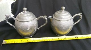 Antique Chinese Engraved Pewter Tea Set / Teapot Sugar & Creamer Huikee Swatow 8