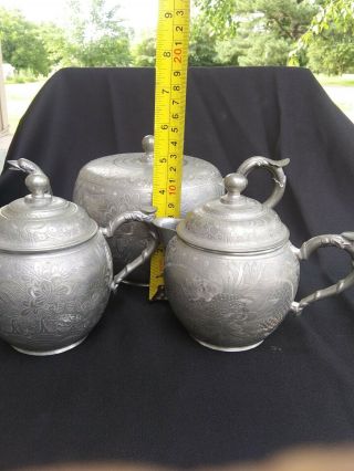 Antique Chinese Engraved Pewter Tea Set / Teapot Sugar & Creamer Huikee Swatow 9