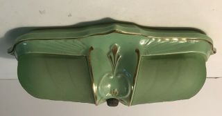 Antique Green Porcelain Flush Mount Ceiling Light Fixture Glass Slip Shade 1940s