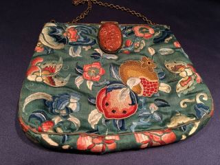 Antique Beautifully Hand Embroidered Chinese Silk Purse With Carved Coral Clasp