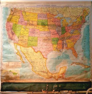 Antique 1940 Denoyer - Geppert Co.  United States Usa Large Pull Down Wall Map