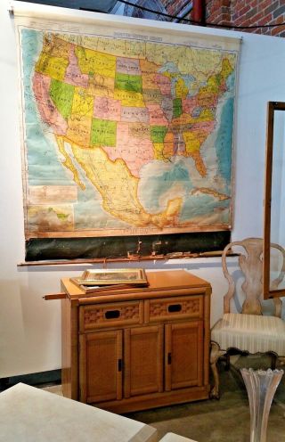 Antique 1940 Denoyer - Geppert Co.  United States USA Large Pull Down Wall Map 2