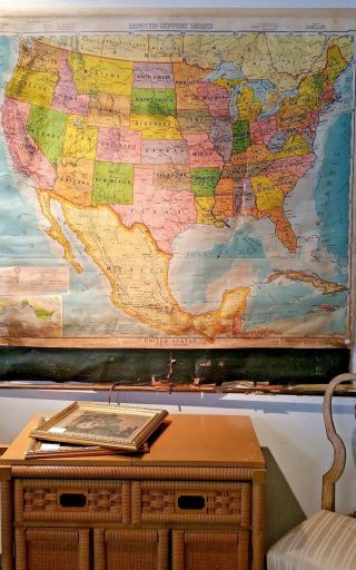 Antique 1940 Denoyer - Geppert Co.  United States USA Large Pull Down Wall Map 3